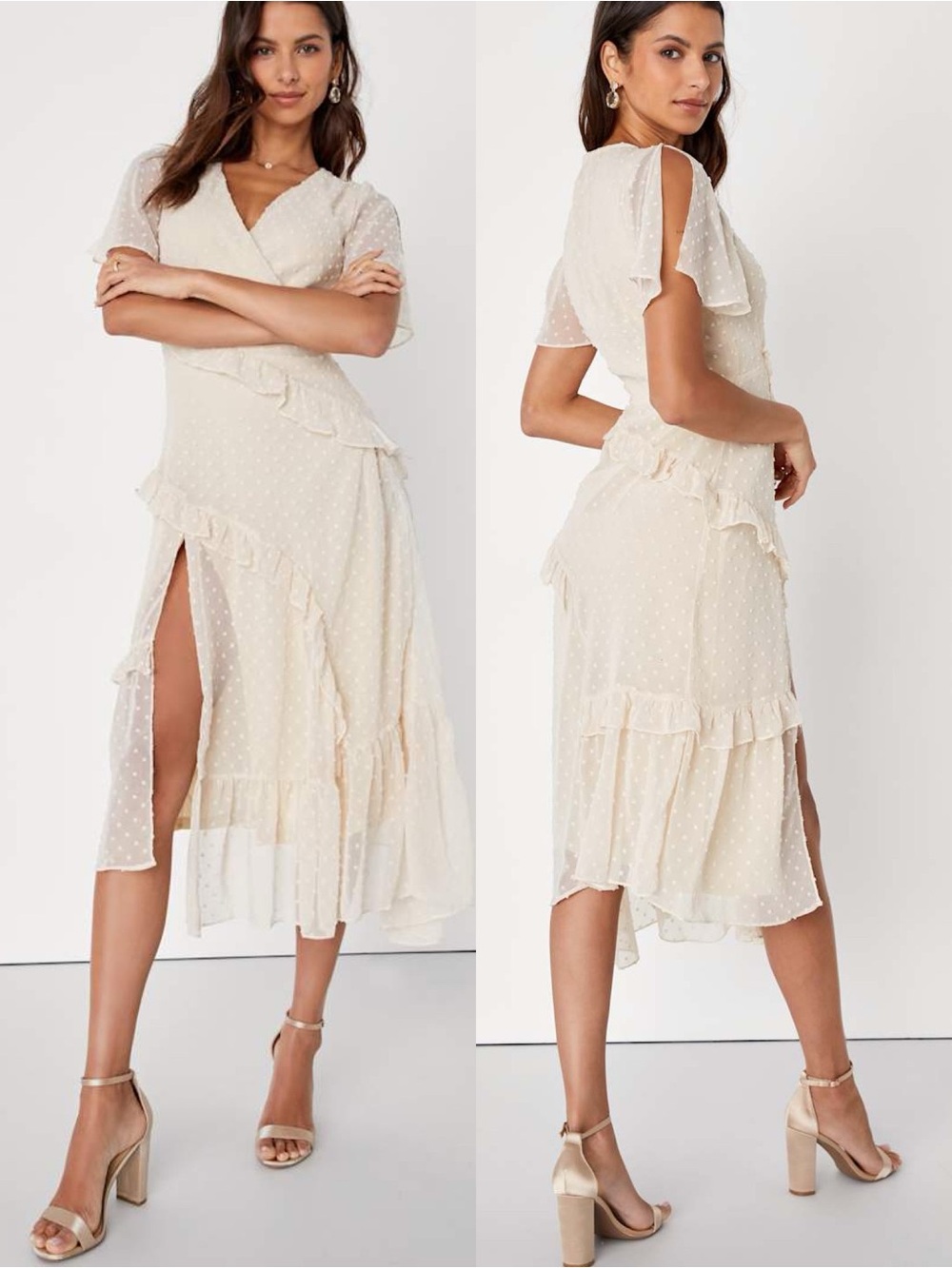 Lulus | Next to You Cream Swiss Dot Ruffled Midi Dress